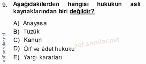9. soru: Aşağıdakilerden hangisi hukukun asli kaynaklarından biri değildir? A) Anayasa B) Tüzük D) Örf ve adet hukuku?of. C) K…