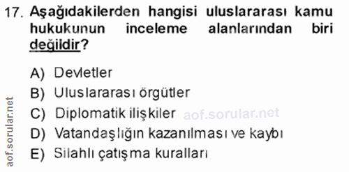 17. soru: Aşağıdakilerden hangisi uluslararası kamu hukukunun inceleme alanlarından biri değildir? A) Devletler B) Uluslararası…