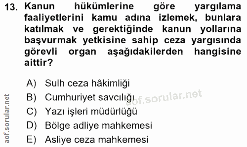 13. soru: Kanun hükümlerine göre yargılama faaliyetlerini kamu adına izlemek, bunlara katılmak ve gerektiğinde kanun yollarına…