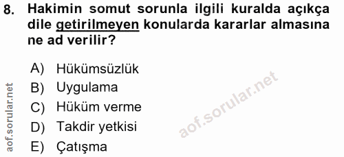 8. soru: Hakimin somut sorunla ilgili kuralda açıkça dile getirilmeyen konularda kararlar almasına ne ad verilir? A) Hükümsüzl…