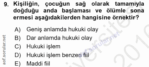 9. soru: Kişiliğin, çocuğun sağ olarak tamamıyla doğduğu anda başlaması ve ölümle sona ermesi aşağıdakilerden hangisine örnekt…