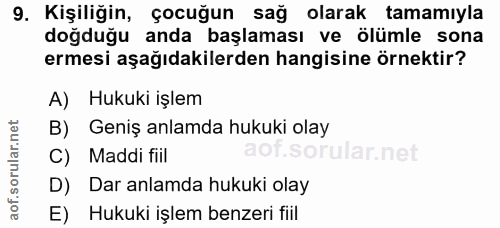9. soru: Kişiliğin, çocuğun sağ olarak tamamıyla doğduğu anda başlaması ve ölümle sona ermesi aşağıdakilerden hangisine örnekt…