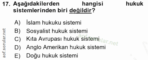 17. soru: Aşağıdakilerden hangisi hukuk sistemlerinden biri değildir? A) Islam hukuku sistemi B) Sosyalist hukuk sistemi C) Kit…