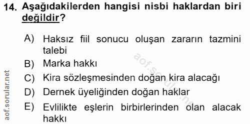 14. soru: Aşağıdakilerden hangisi nisbi haklardan biri değildir? A) Haksız fiil sonucu oluşan zararın tazmini talebi B) Marka h…