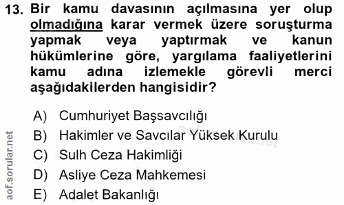 13. soru: Bir kamu davasının açılmasına yer olup olmadığına karar vermek üzere soruşturma yapmak veya yaptırmak ve kanun hüküml…