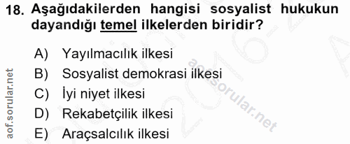 18. soru: Aşağıdakilerden hangisi sosyalist hukukun dayandığı temel ilkelerden biridir? A) Yayılmacılık ilkesi B) Sosyalist dem…