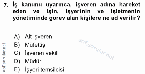 7. soru: İş kanunu uyarınca, işveren adına hareket eden ve işin, işyerinin ve işletmenin yönetiminde görev alan kişilere ne ad…