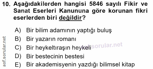 10. soru: Aşağıdakilerden hangisi 5846 sayılı Fikir ve Sanat Eserleri Kanununa göre korunan fikri eserlerden biri değildir? A)…