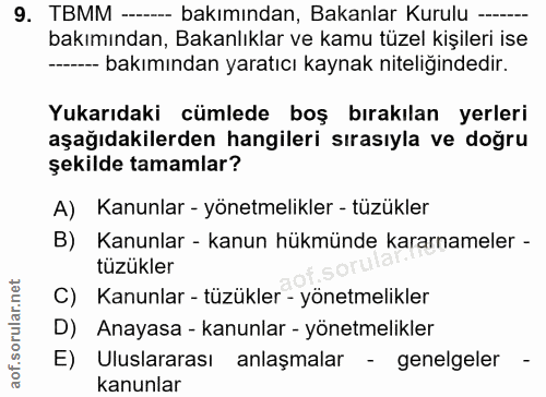 9. soru: TBMM -- bakımından, Bakanlar Kurulu —- bakımından, Bakanlıklar ve kamu tüzel kişileri ise ---- bakımından yaratıcı ka…