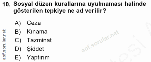 10. soru: Sosyal düzen kurallarına uyulmaması halinde gösterilen tepkiye ne ad verilir? A) Ceza B) Kınama C) Tazminat D) Şiddet…