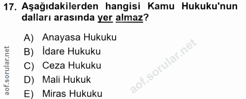 17. soru: Aşağıdakilerden hangisi Kamu Hukuku'nun dalları arasında yer almaz? A) Anayasa Hukuku B) Idare Hukuku C) Ceza Hukuku…