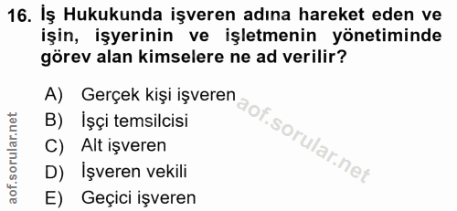 16. soru: Iş Hukukunda işveren adına hareket eden ve işin, işyerinin ve işletmenin yönetiminde görev alan kimselere ne ad veril…