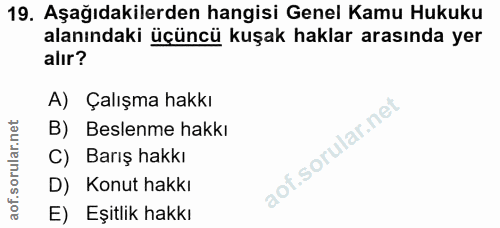 19. soru: Aşağıdakilerden hangisi Genel Kamu Hukuku alanındaki üçüncü kuşak haklar arasında yer alır? A) Çalışma hakkı B) Besle…