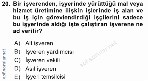 20. soru: Bir işverenden, işyerinde yürüttüğü mal veya hizmet üretimine ilişkin işlerinde iş alan ve bu iş için görevlendirdiği…