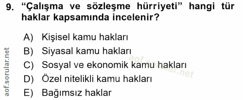 9. soru: "Çalışma ve sözleşme hürriyeti" hangi tür haklar kapsamında incelenir? A) Kişisel kamu hakları B) Siyasal kamu haklar…