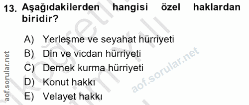 13. soru: Aşağıdakilerden hangisi özel haklardan biridir? A) Yerleşme ve seyahat hürriyeti B) Din ve vicdan hürriyeti C) Dernek…