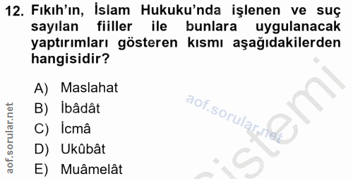 12. soru: Fıkıh'ın, İslam Hukuku'nda işlenen ve suç sayilan fiiller ile bunlara uygulanacak yaptırımları gösteren kısmı aşağıda…