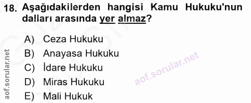 18. soru: Aşağıdakilerden hangisi Kamu Hukuku'nun dalları arasında yer almaz? A) Ceza Hukuku B) Anayasa Hukuku C) Idare Hukuku…