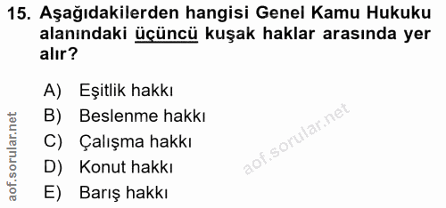 15. soru: Aşağıdakilerden hangisi Genel Kamu Hukuku alanındaki üçüncü kuşak haklar arasında yer alır? A) Eşitlik hakkı B) Besle…