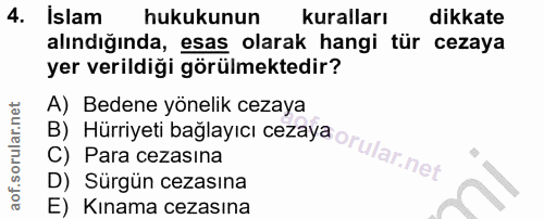 4. soru: İslam hukukunun kuralları dikkate alındığında, esas olarak hangi tür cezaya yer verildiği görülmektedir? A) Bedene yö…