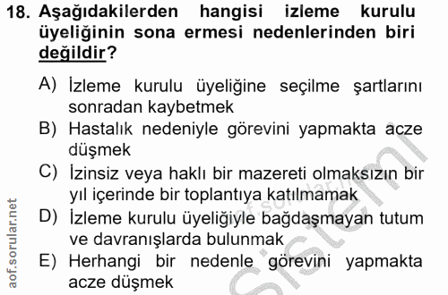 18. soru: Aşağıdakilerden hangisi izleme kurulu üyeliğinin sona ermesi nedenlerinden biri değildir? A) İzleme kurulu üyeliğine…