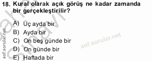 18. soru: Kural olarak açık görüş ne kadar zamanda bir gerçekleştirilir? A) Üç ayda bir B) Ayda bir C) On beş günde bir D) On g…