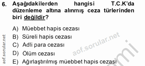 6. soru: Aşağıdakilerden hangisi T.C.K'da düzenleme altına alınmış ceza türlerinden biri değildir? A) Müebbet hapis cezası B)…