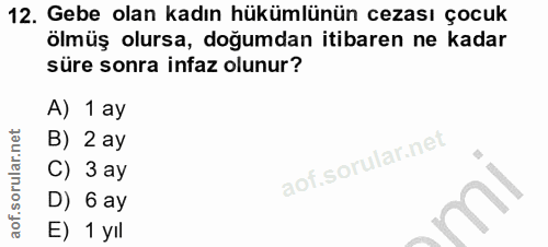 12. soru: Gebe olan kadın hükümlünün cezası çocuk ölmüş olursa, doğumdan itibaren ne kadar süre sonra infaz olunur? A) 1 ay B)…