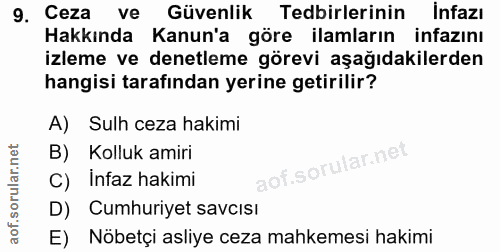 9. soru: 9. Ceza ve Güvenlik Tedbirlerinin infazı Hakkında Kanun'a göre ilamların infazını izleme ve denetleme görevi aşağıdak…