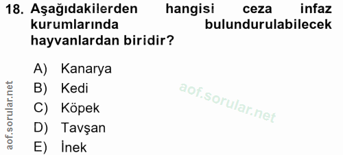 18. soru: Aşağıdakilerden hangisi ceza infaz kurumlarında bulundurulabilecek hayvanlardan biridir? A) Kanarya B) Kedi C) Köpek…