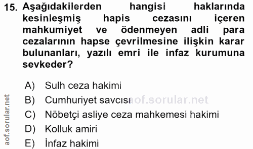 15. soru: Aşağıdakilerden hangisi haklarında kesinleşmiş hapis cezasini içeren mahkumiyet ve ödenmeyen adli para cezalarının ha…