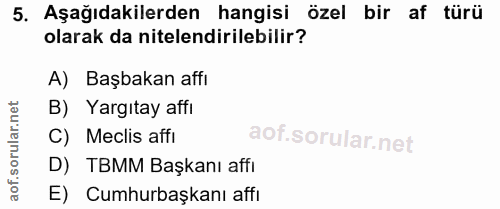 5. soru: Aşağıdakilerden hangisi özel bir af türü olarak da nitelendirilebilir? A) Başbakan affı B) Yargıtay affi C) Meclis af…