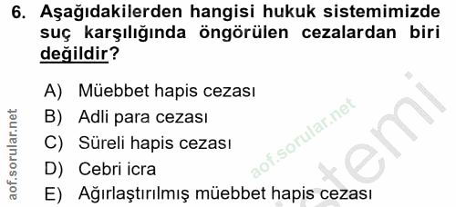 6. soru: Aşağıdakilerden hangisi hukuk sistemimizde suç karşılığında öngörülen cezalardan biri değildir? A) Müebbet hapis ceza…