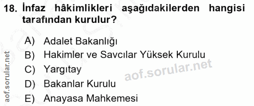 18. soru: Infaz hâkimlikleri aşağıdakilerden hangisi tarafından kurulur? A) Adalet Bakanlığı B) Hakimler ve Savcılar Yüksek Kur…