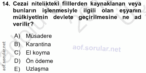 14. soru: Cezai nitelikteki fiillerden kaynaklanan veya bunların işlenmesiyle ilgili olan eşyanın mülkiyetinin devlete geçirilm…