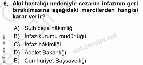 8. soru: Akıl hastalığı nedeniyle cezanın infazının geri bırakılmasına aşağıdaki mercilerden hangisi karar verir? A) Sulh ceza…