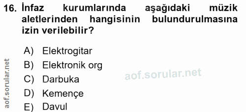 16. soru: Infaz kurumlarında aşağıdaki müzik aletlerinden hangisinin bulundurulmasına izin verilebilir? A) Elektrogitar B) Elek…