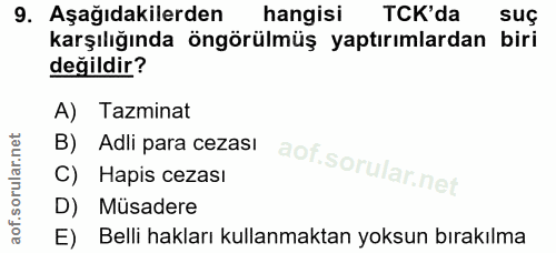 9. soru: Aşağıdakilerden hangisi TCK'da suç karşılığında öngörülmüş yaptırımlardan biri değildir? A) Tazminat B) Adli para cez…