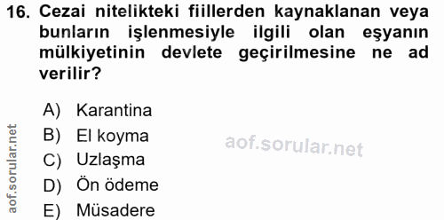 16. soru: Cezai nitelikteki fiillerden kaynaklanan veya bunların işlenmesiyle ilgili olan eşyanın mülkiyetinin devlete geçirilm…