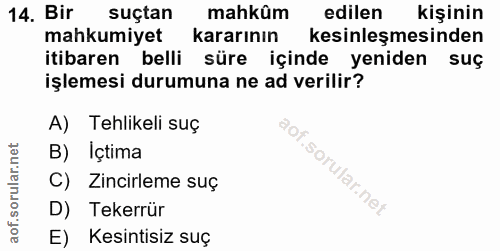 14. soru: Bir suçtan mahkûm edilen kişinin mahkumiyet kararının kesinleşmesinden itibaren belli süre içinde yeniden suç işlemes…