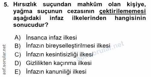 5. soru: Hırsızlık suçundan mahküm olan kişiye, yağma suçunun cezasının çektirilememesi aşağıdaki infaz ilkelerinden hangisini…