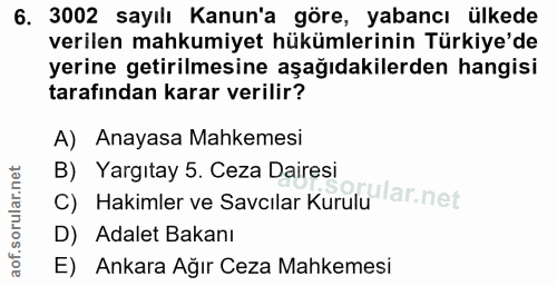 6. soru: 3002 sayılı Kanun'a göre, yabancı ülkede verilen mahkumiyet hükümlerinin Türkiye'de yerine getirilmesine aşağıdakiler…