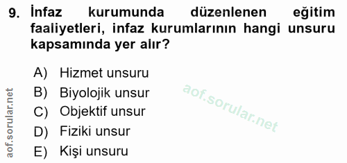 9. soru: Infaz kurumunda düzenlenen eğitim faaliyetleri, infaz kurumlarının hangi unsuru kapsamında yer alır? A) Hizmet unsuru…