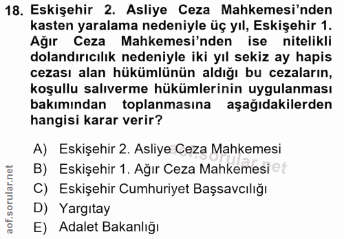 18. soru: Eskişehir 2. Asliye Ceza Mahkemesi'nden kasten yaralama nedeniyle üç yıl, Eskişehir 1. Ağır Ceza Mahkemesi'nden ise n…