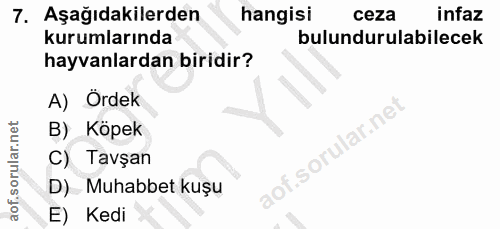 7. soru: Aşağıdakilerden hangisi ceza infaz kurumlarında bulundurulabilecek hayvanlardan biridir? A) Ördek B) Köpek aof.sorula…