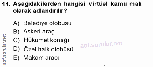 14. soru: Aşağıdakilerden hangisi virtüel kamu malı olarak adlandırılır? A) Belediye otobüsü B) Askeri araç C) Hükümet konağı D…