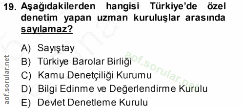 19. soru: Aşağıdakilerden hangisi Türkiye'de özel denetim yapan uzman kuruluşlar arasında sayılamaz? A) Sayıştay B) Türkiye Bar…