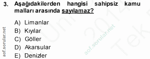 3. soru: Aşağıdakilerden hangisi sahipsiz kamu malları arasında sayılamaz? A) Limanlar B) Kıyılar C) Göller D) Akarsular E) De…