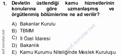 1. soru: Devletin üstlendiği kamu hizmetlerinin konularına göre uzmanlaşmış ve örgütlenmiş bölümlerine ne ad verilir? A) Bakan…