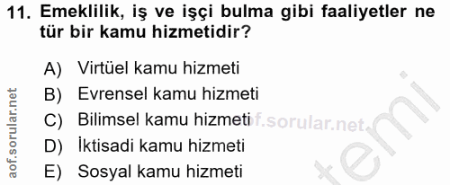 11. soru: Emeklilik, iş ve işçi bulma gibi faaliyetler ne tür bir kamu hizmetidir? A) Virtüel kamu hizmeti B) Evrensel kamu hiz…
